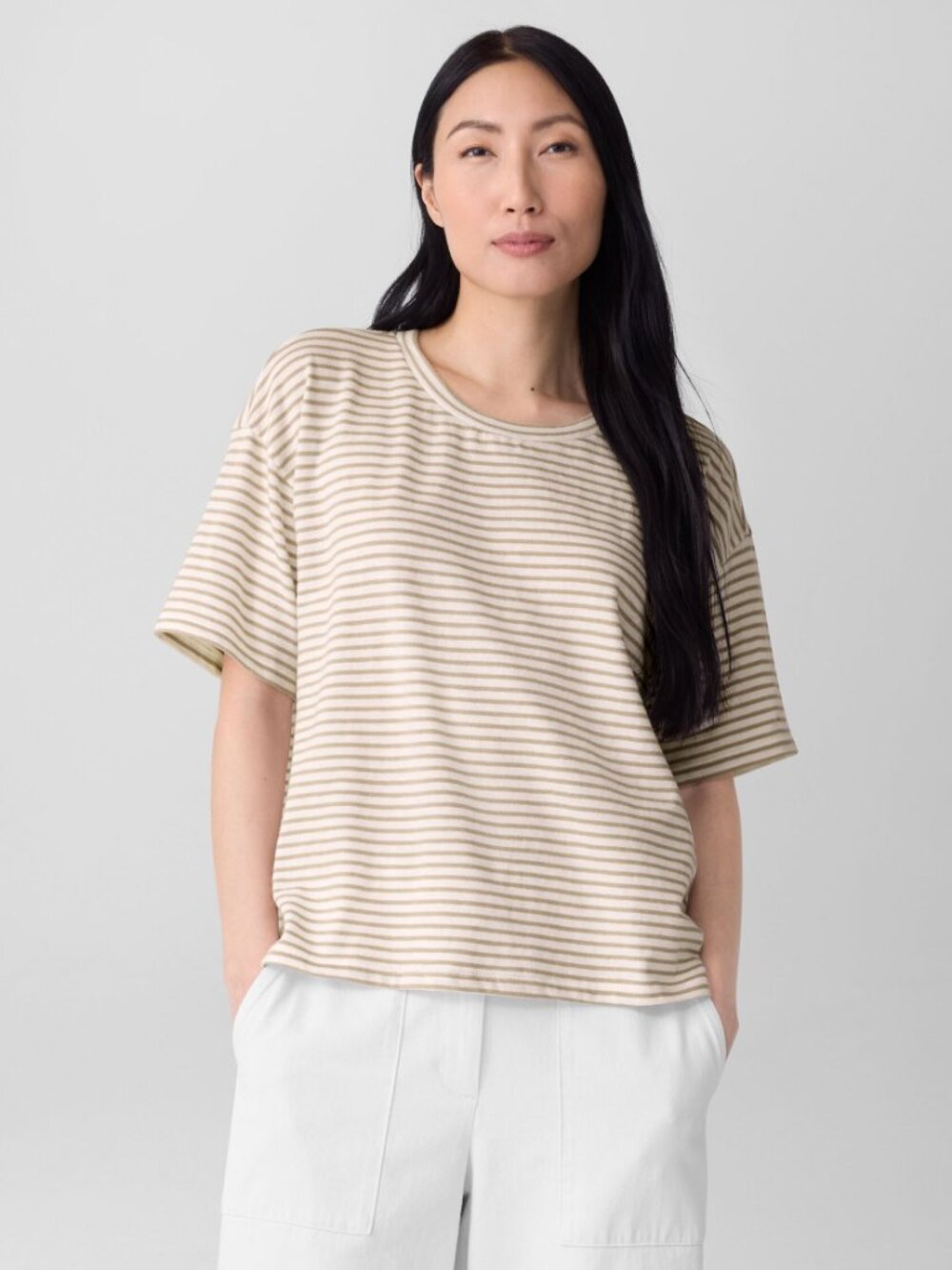 EILEEN FISHER Women's Striped Organic Cotton Slub Box-Top Size XS